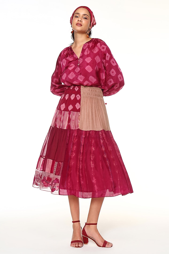 Hibiscus Pink Habutai Silk Hand Embroidered Skirt by Capisvirleo at Pernia's Pop Up Shop