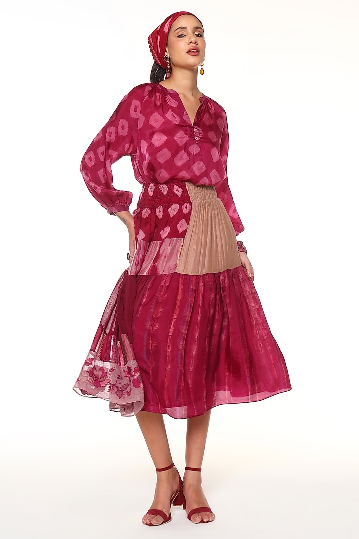 Hibiscus Pink Habutai Silk Hand Embroidered Skirt by Capisvirleo at Pernia's Pop Up Shop