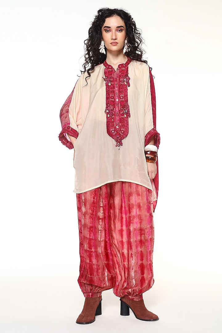 Ruby Pink Habutai Silk Hand Embroidered Kaftan Shirt by Capisvirleo at Pernia's Pop Up Shop