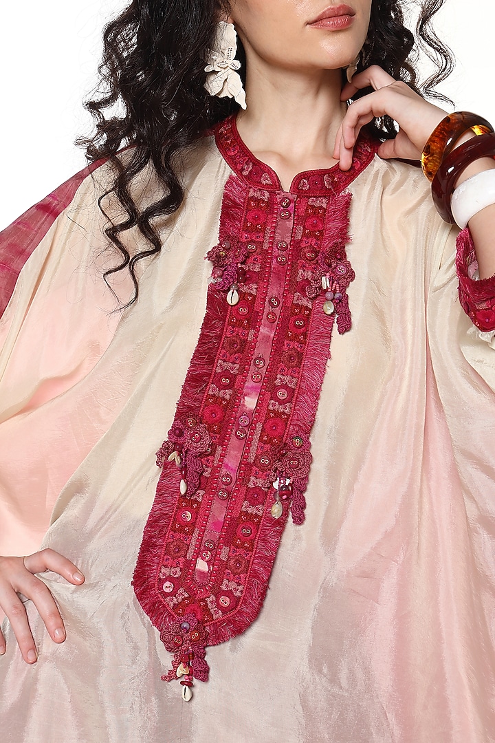 Ruby Pink Habutai Silk Hand Embroidered Kaftan Shirt by Capisvirleo at Pernia's Pop Up Shop