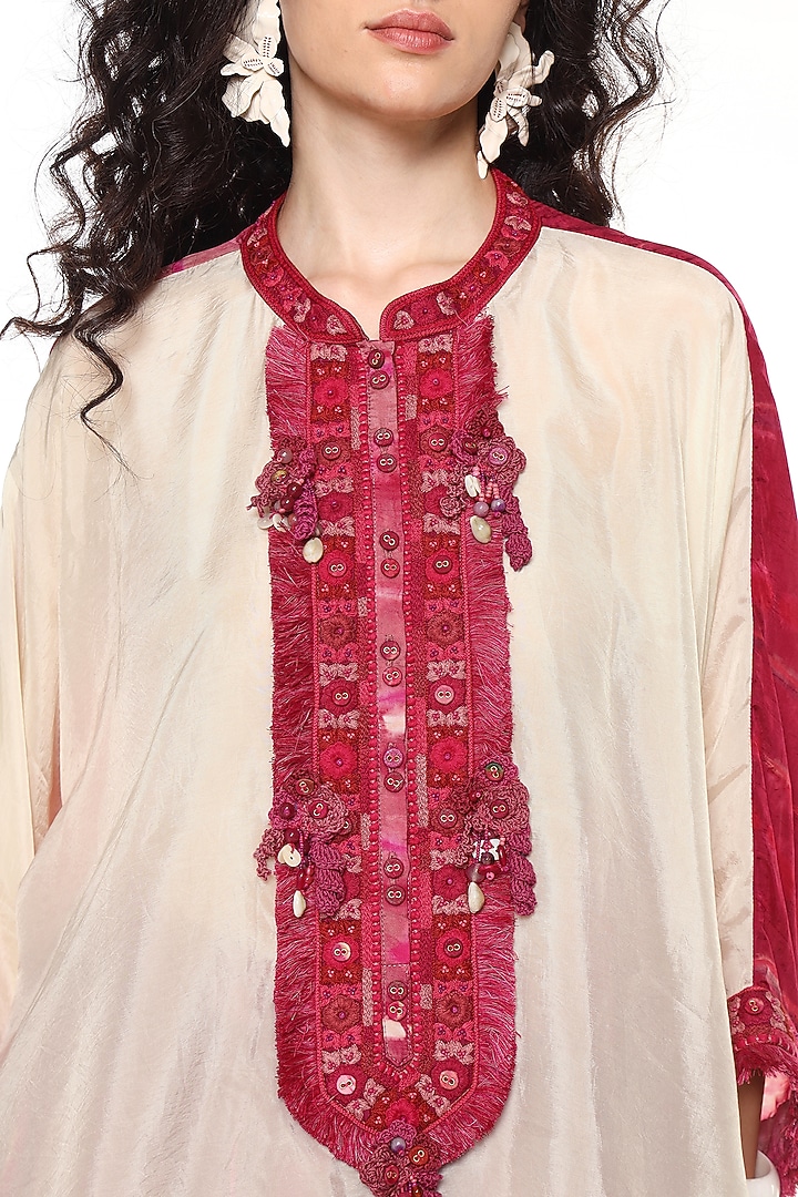 Ruby Pink Habutai Silk Hand Embroidered Kaftan Shirt by Capisvirleo at Pernia's Pop Up Shop