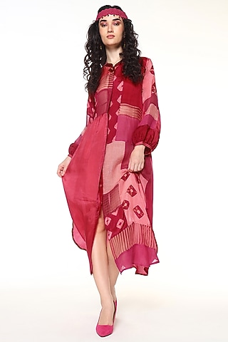 Ruby Pink Habutai Silk Patch Work Midi Dress by Capisvirleo