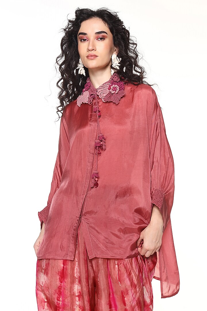 Powder Pink Habutai Silk Crochet Shirt by Capisvirleo at Pernia's Pop Up Shop