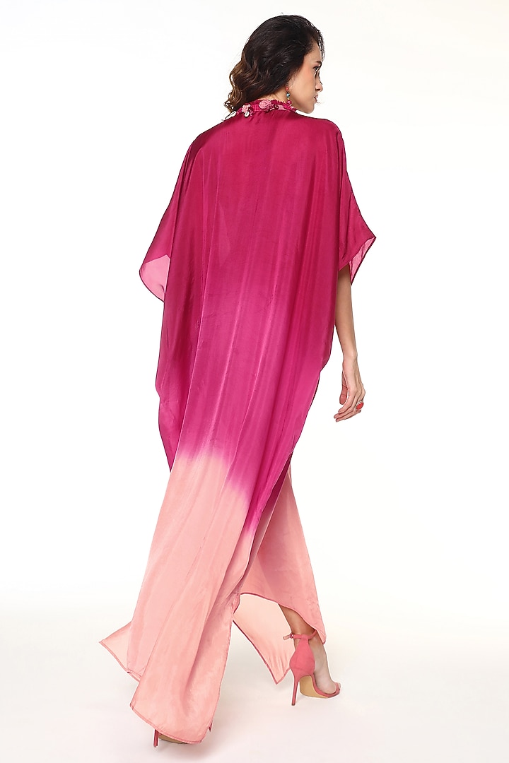 Ruby Pink Habutai Silk Ombre Bead Embellished Kaftan by Capisvirleo at Pernia's Pop Up Shop