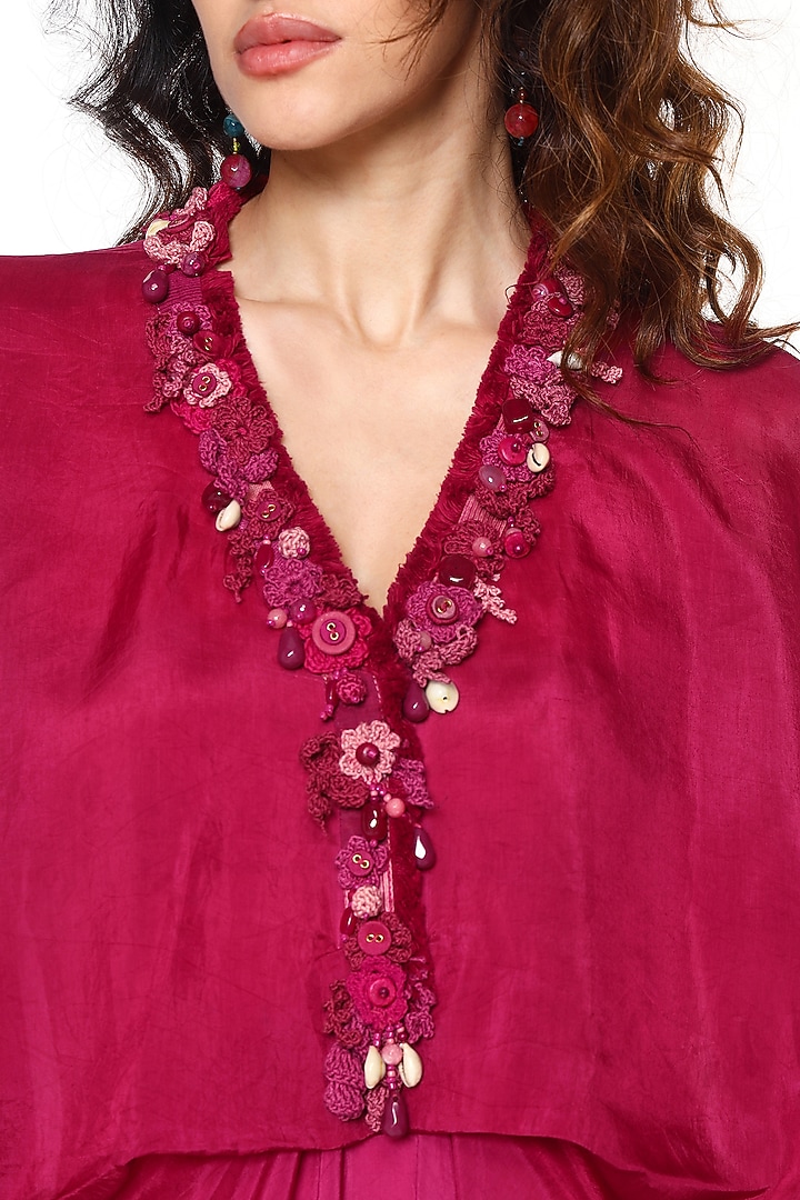 Ruby Pink Habutai Silk Ombre Bead Embellished Kaftan by Capisvirleo at Pernia's Pop Up Shop