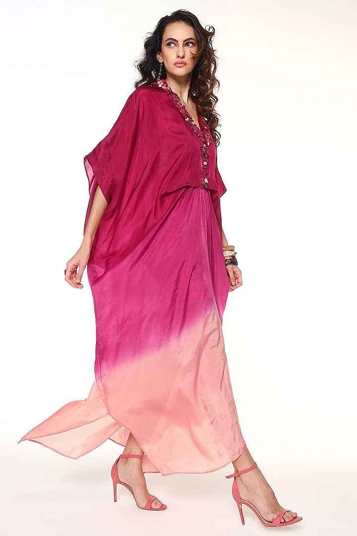 Ruby Pink Habutai Silk Ombre Bead Embellished Kaftan by Capisvirleo at Pernia's Pop Up Shop