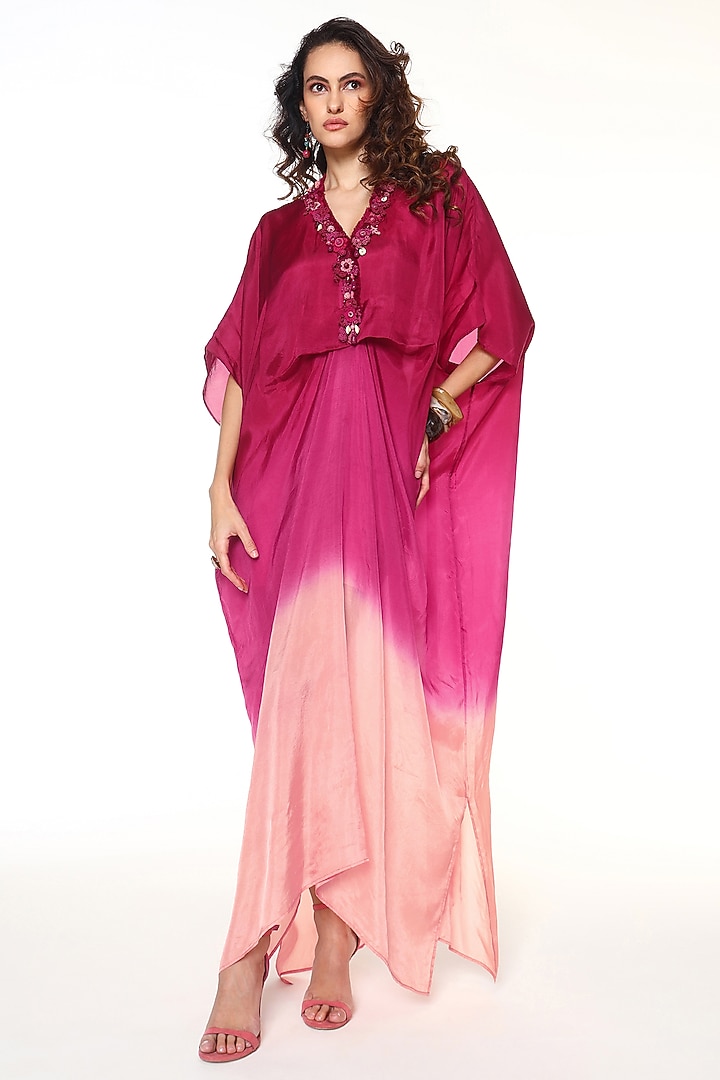Ruby Pink Habutai Silk Ombre Bead Embellished Kaftan by Capisvirleo at Pernia's Pop Up Shop