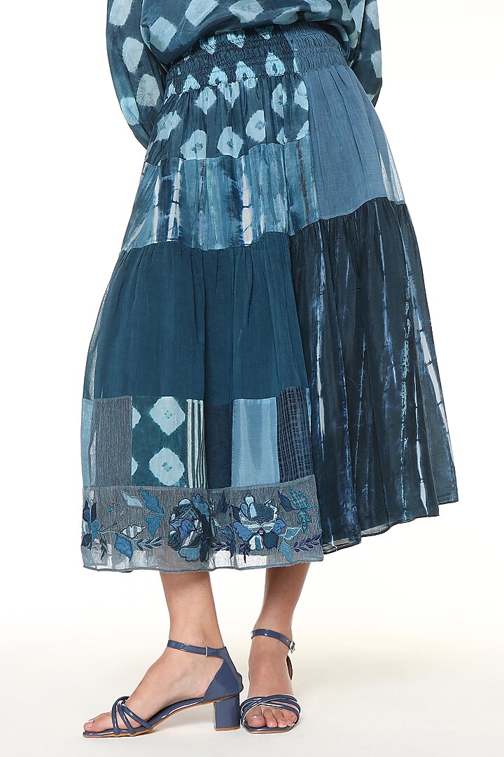 Ocean Blue Chanderi Silk Patchwork Midi Skirt by Capisvirleo at Pernia's Pop Up Shop