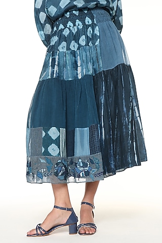 Ocean Blue Chanderi Silk Patchwork Midi Skirt by Capisvirleo