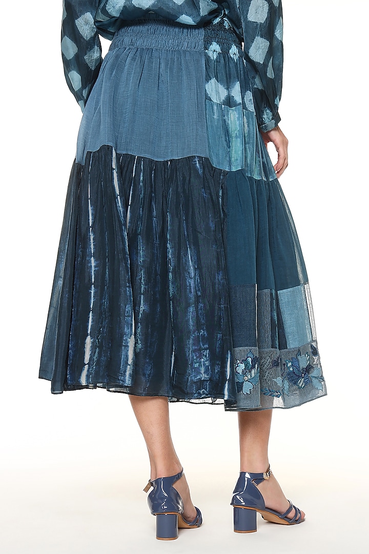 Ocean Blue Chanderi Silk Patchwork Midi Skirt by Capisvirleo at Pernia's Pop Up Shop