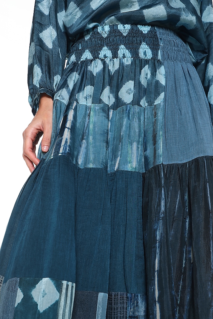 Ocean Blue Chanderi Silk Patchwork Midi Skirt by Capisvirleo at Pernia's Pop Up Shop