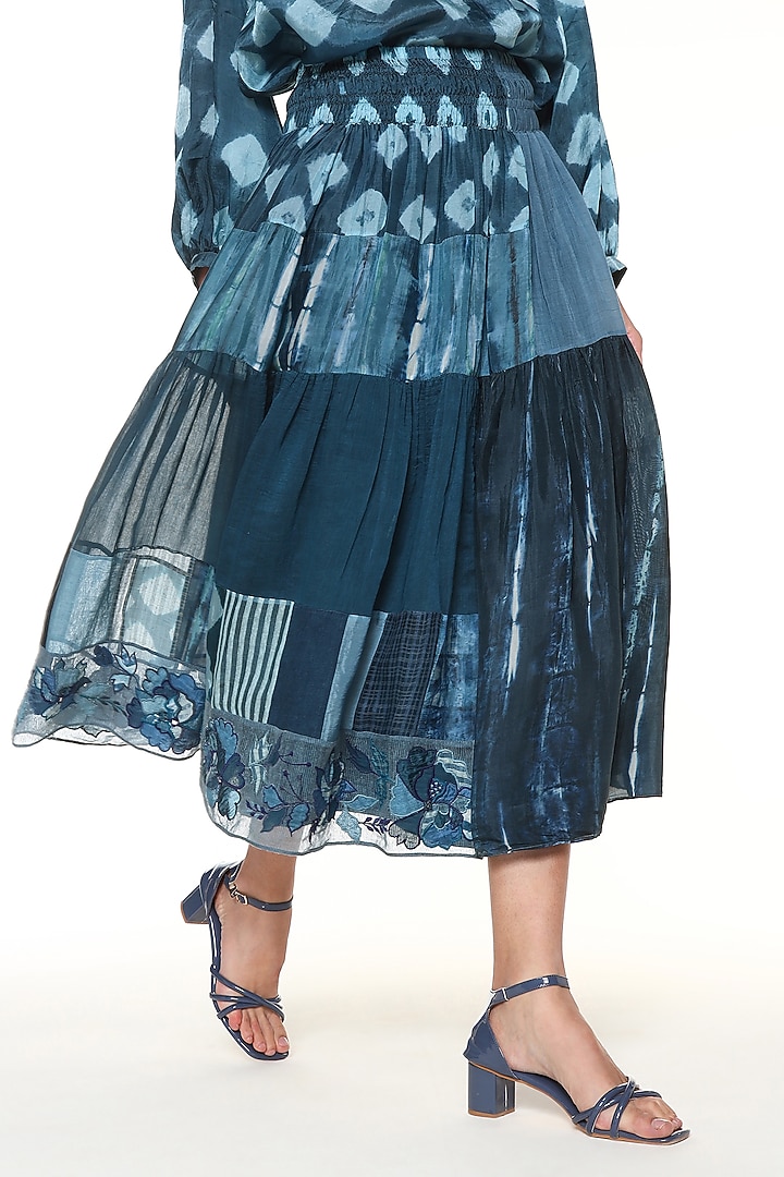 Ocean Blue Chanderi Silk Patchwork Midi Skirt by Capisvirleo at Pernia's Pop Up Shop