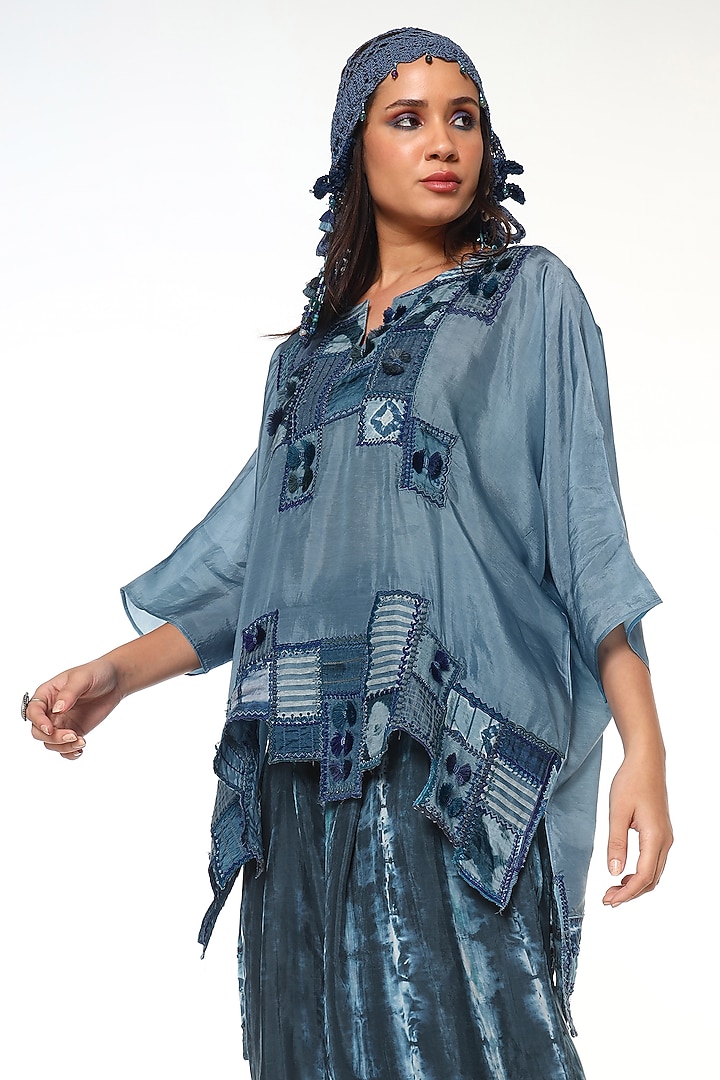 Dusty Blue Habutai Silk Patchwork Shirt by Capisvirleo at Pernia's Pop Up Shop
