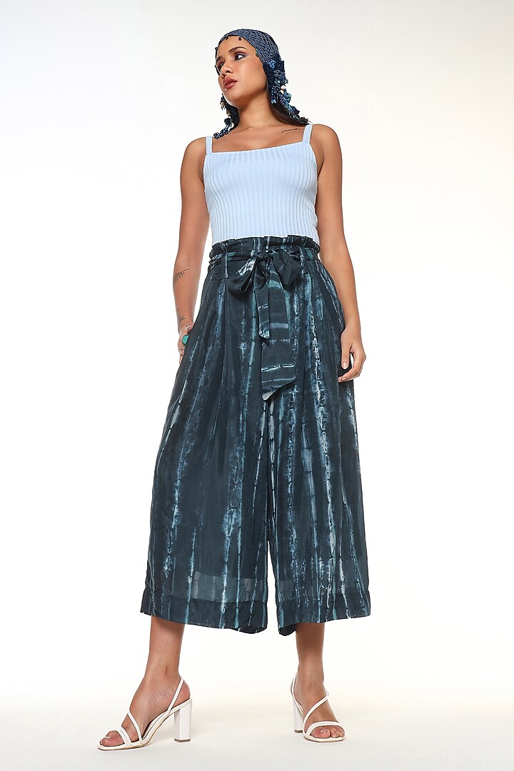 Midnight Blue Habutai Silk Tie-Dye Printed Wide-Leg Pants by Capisvirleo at Pernia's Pop Up Shop