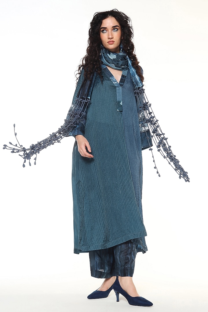 Topaz Blue Habutai Silk Tie-Dye Crochet Stole by Capisvirleo at Pernia's Pop Up Shop