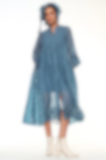 Dusty Blue Habutai Silk Hand Embroidered Midi Cocktail Dress by Capisvirleo at Pernia's Pop Up Shop