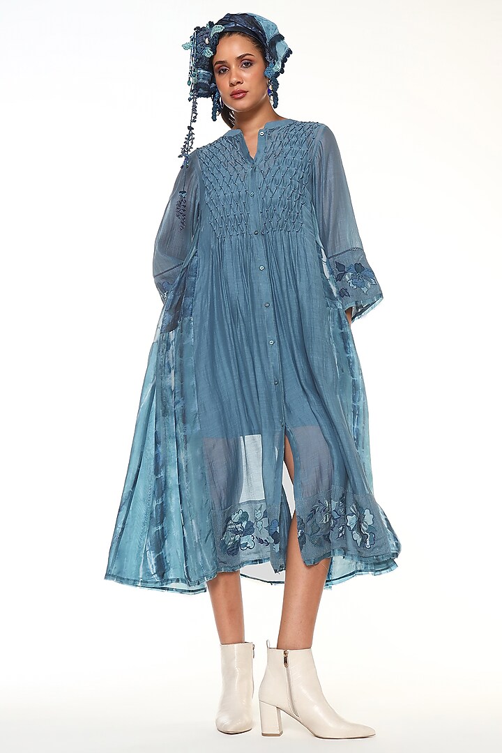 Dusty Blue Habutai Silk Hand Embroidered Midi Cocktail Dress by Capisvirleo at Pernia's Pop Up Shop