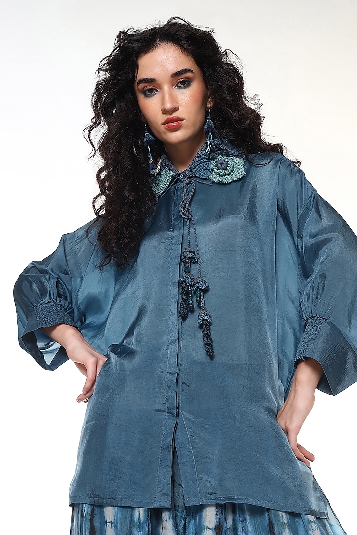 Dusty Blue Habutai Silk Smocked Shirt by Capisvirleo at Pernia's Pop Up Shop