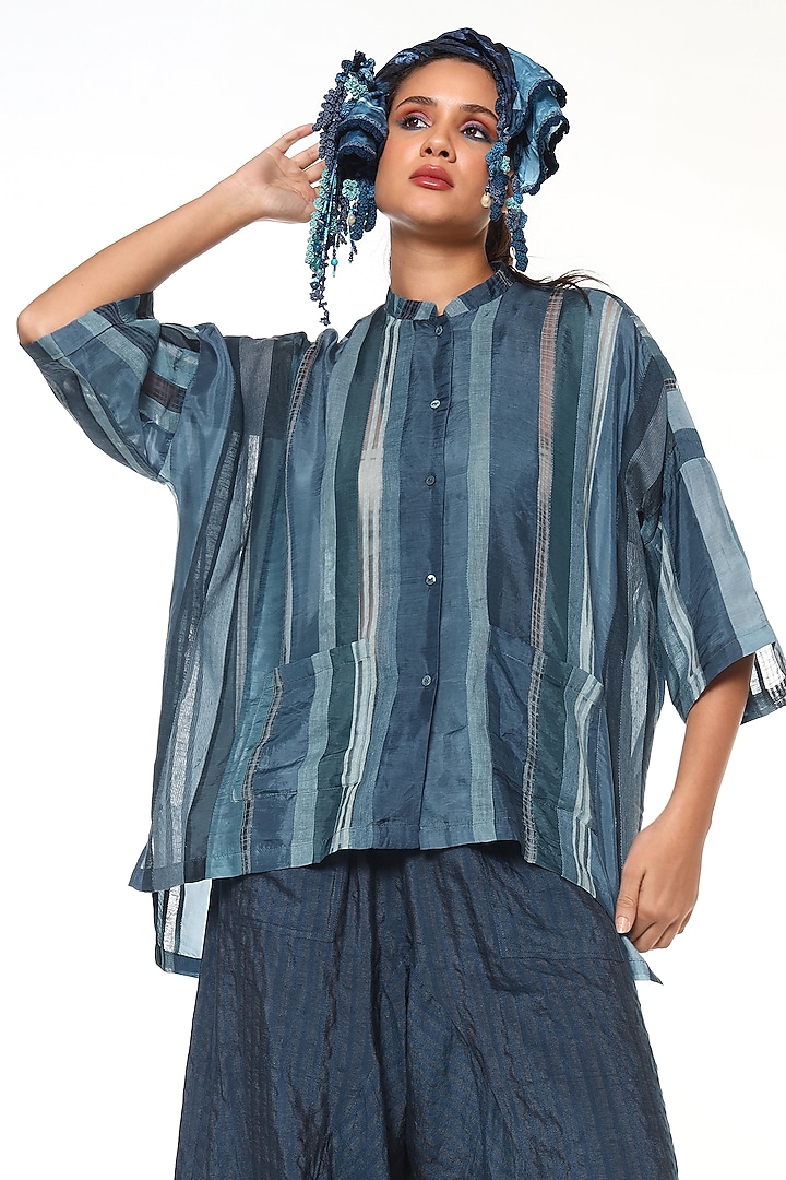Topaz Blue & Midnight Blue Habutai Silk Patchwork Shirt by Capisvirleo at Pernia's Pop Up Shop