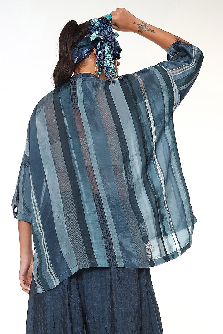 Topaz Blue & Midnight Blue Habutai Silk Patchwork Shirt by Capisvirleo at Pernia's Pop Up Shop
