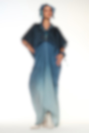 Ocean Blue Habutai Silk Beads Embellished Kaftan by Capisvirleo at Pernia's Pop Up Shop