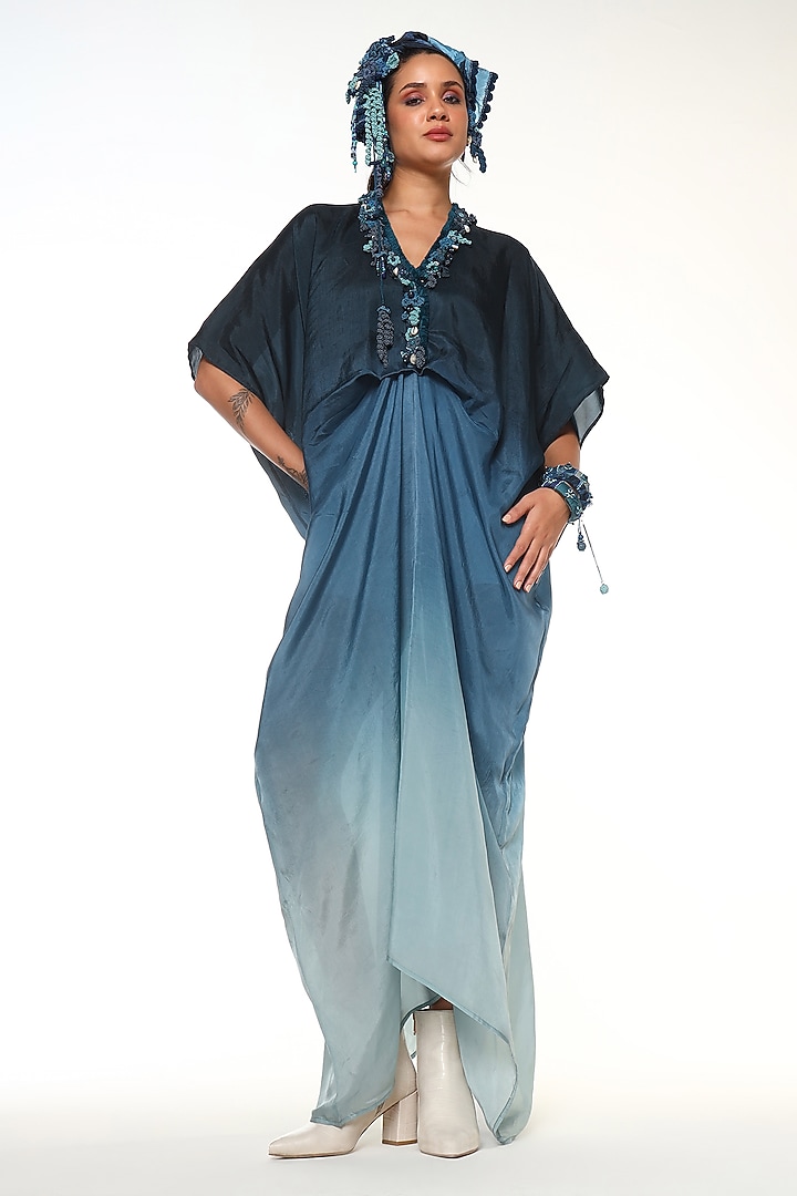 Ocean Blue Habutai Silk Beads Embellished Kaftan by Capisvirleo at Pernia's Pop Up Shop