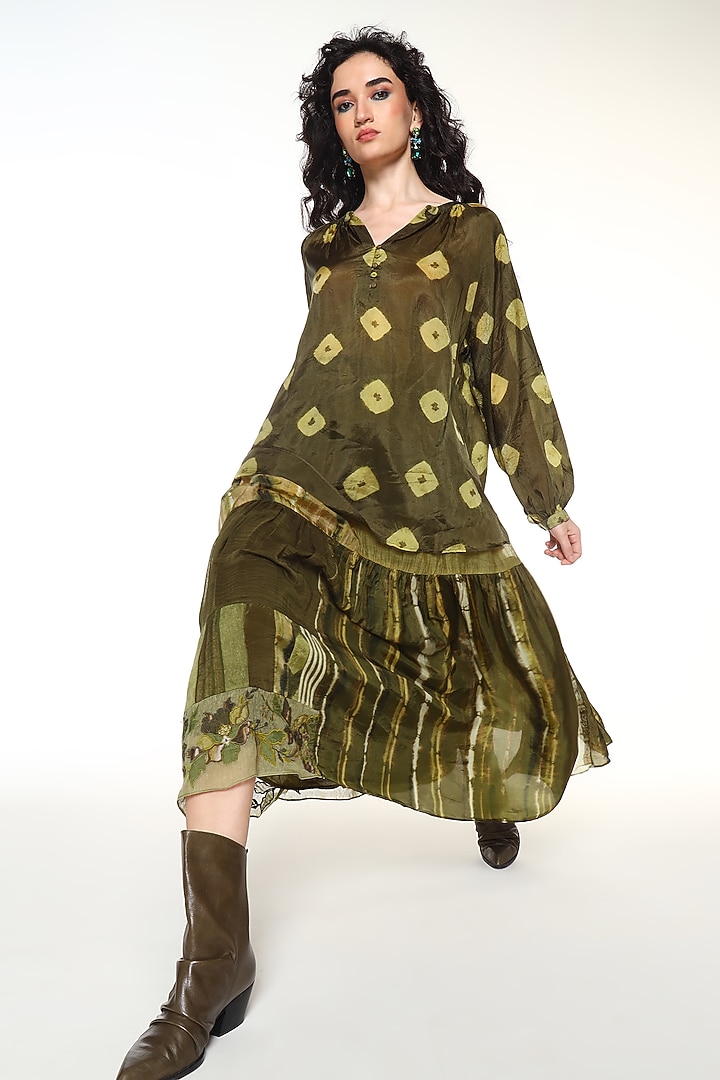 Olive Green Habutai Silk Tie-Dye Shirt by Capisvirleo at Pernia's Pop Up Shop