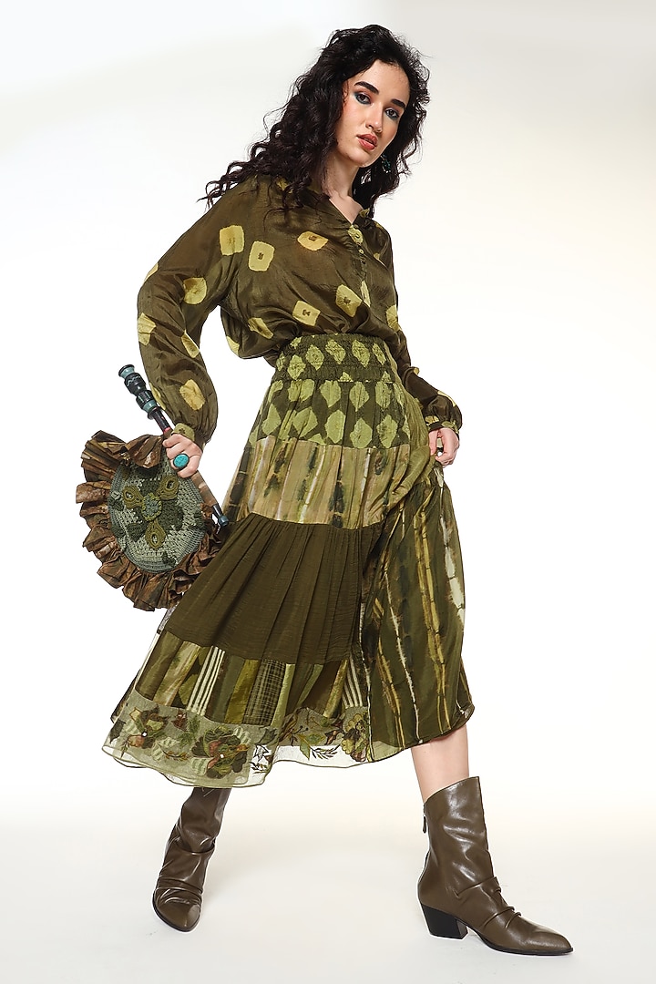 Moss Green Habutai Silk Patchwork Midi Skirt by Capisvirleo at Pernia's Pop Up Shop