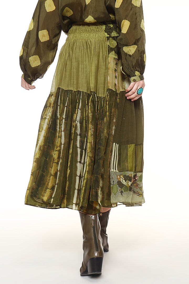 Moss Green Habutai Silk Patchwork Midi Skirt by Capisvirleo at Pernia's Pop Up Shop