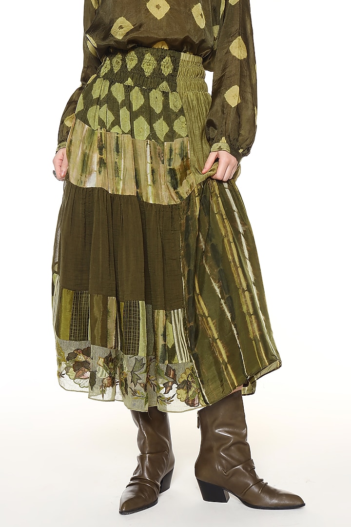 Moss Green Habutai Silk Patchwork Midi Skirt by Capisvirleo at Pernia's Pop Up Shop