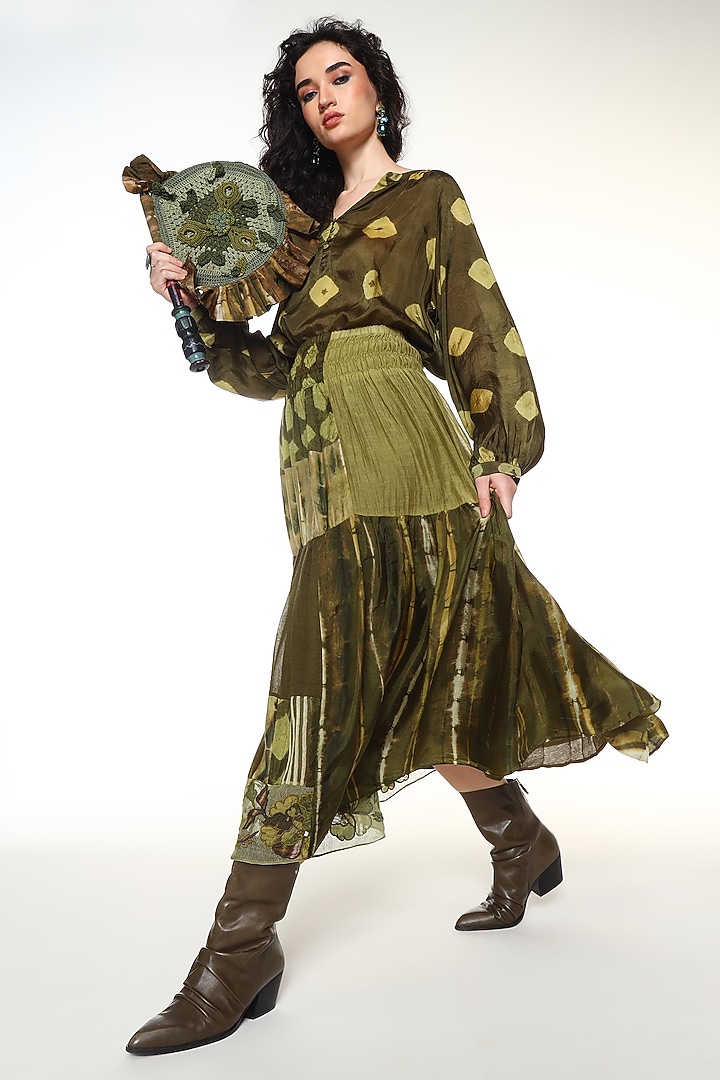 Moss Green Habutai Silk Patchwork Midi Skirt by Capisvirleo at Pernia's Pop Up Shop