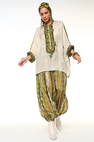 Green Sapphire & Moss Green Habutai Silk Co-Ord Set by Capisvirleo