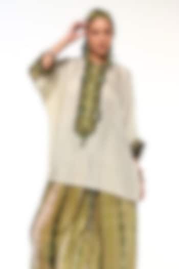 Green Sapphire Habutai Silk Texture Embroidered Kaftan Top by Capisvirleo at Pernia's Pop Up Shop