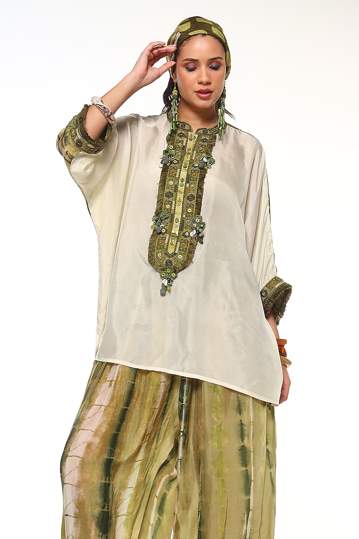 Green Sapphire Habutai Silk Texture Embroidered Kaftan Top by Capisvirleo at Pernia's Pop Up Shop