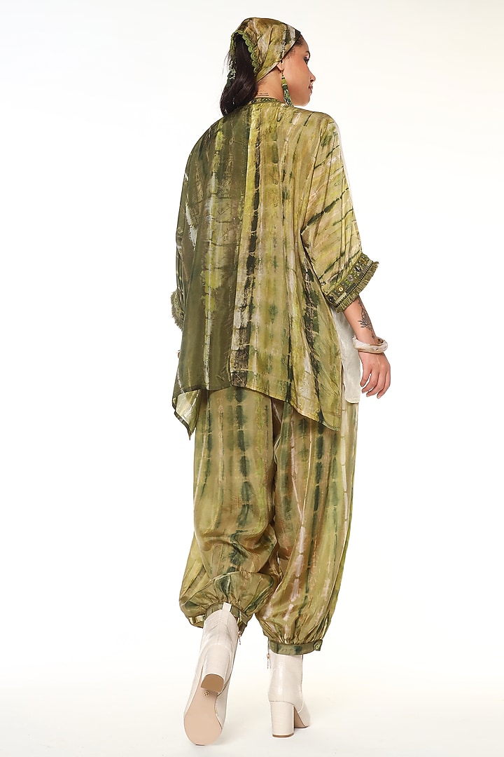 Green Sapphire Habutai Silk Texture Embroidered Kaftan Top by Capisvirleo at Pernia's Pop Up Shop