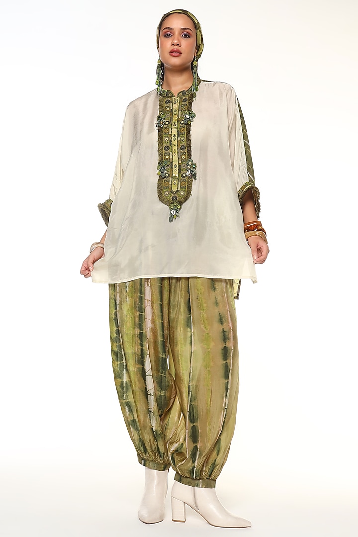 Green Sapphire Habutai Silk Texture Embroidered Kaftan Top by Capisvirleo at Pernia's Pop Up Shop