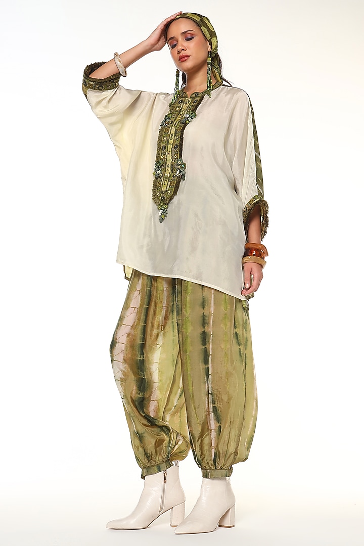Green Sapphire Habutai Silk Texture Embroidered Kaftan Top by Capisvirleo at Pernia's Pop Up Shop