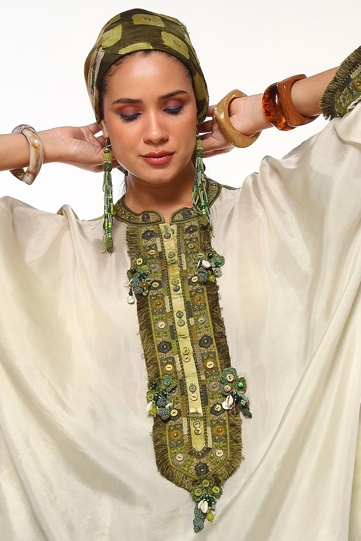 Green Sapphire Habutai Silk Texture Embroidered Kaftan Top by Capisvirleo at Pernia's Pop Up Shop
