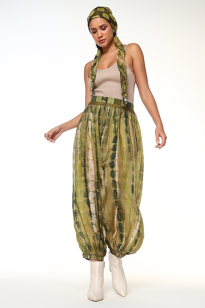 Moss Green Habutai Silk Tie-Dye Balloon Pants by Capisvirleo at Pernia's Pop Up Shop
