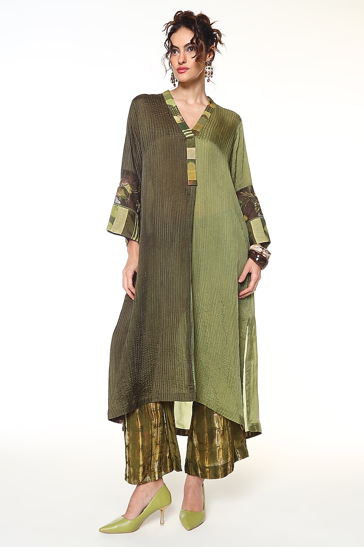 Olive & Moss Green Habutai Silk Color-Block Tunic Set by Capisvirleo at Pernia's Pop Up Shop
