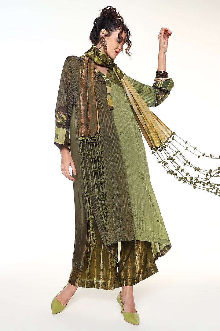 Sapphire & Olive Green Habutai Silk Textured Tunic Set by Capisvirleo at Pernia's Pop Up Shop