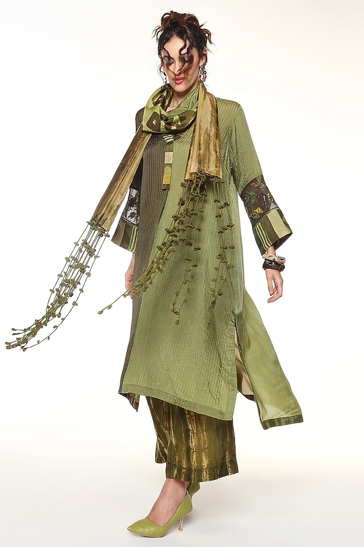 Sapphire & Olive Green Habutai Silk Textured Tunic Set by Capisvirleo at Pernia's Pop Up Shop