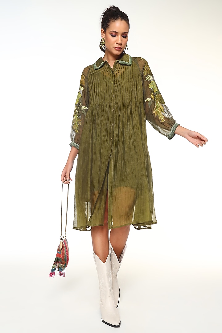 Olive Green Chanderi Silk Patchwork Midi Vacation Dress by Capisvirleo at Pernia's Pop Up Shop