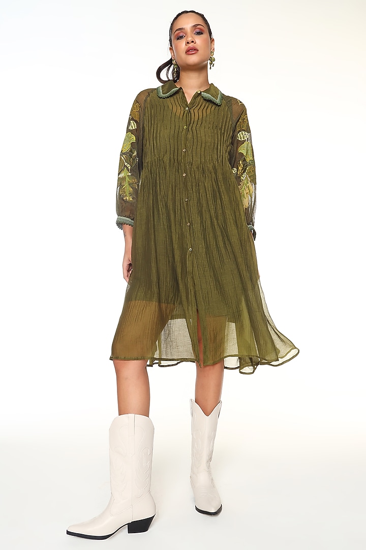 Olive Green Chanderi Silk Patchwork Midi Vacation Dress by Capisvirleo at Pernia's Pop Up Shop