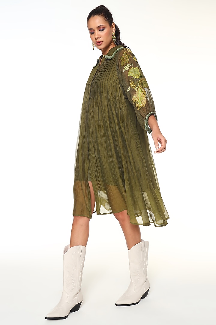 Olive Green Chanderi Silk Patchwork Midi Vacation Dress by Capisvirleo at Pernia's Pop Up Shop