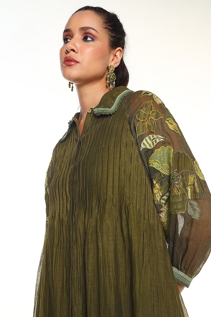 Olive Green Chanderi Silk Patchwork Midi Vacation Dress by Capisvirleo at Pernia's Pop Up Shop