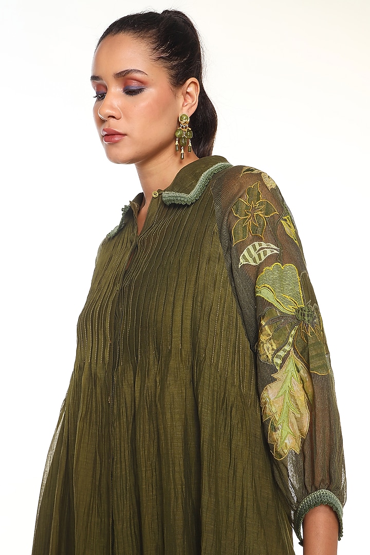 Olive Green Chanderi Silk Patchwork Midi Vacation Dress by Capisvirleo at Pernia's Pop Up Shop