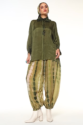 Olive & Moss Green Habutai Silk Co-Ord Set by Capisvirleo