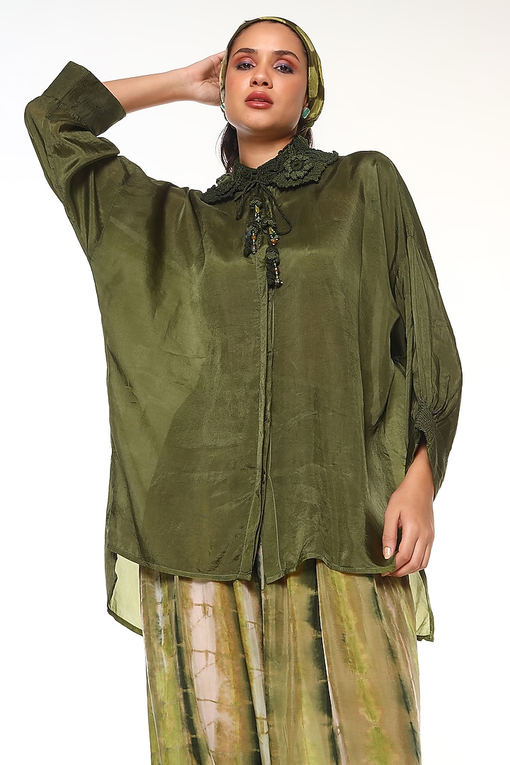 Olive Green Habutai Silk Shirt by Capisvirleo at Pernia's Pop Up Shop