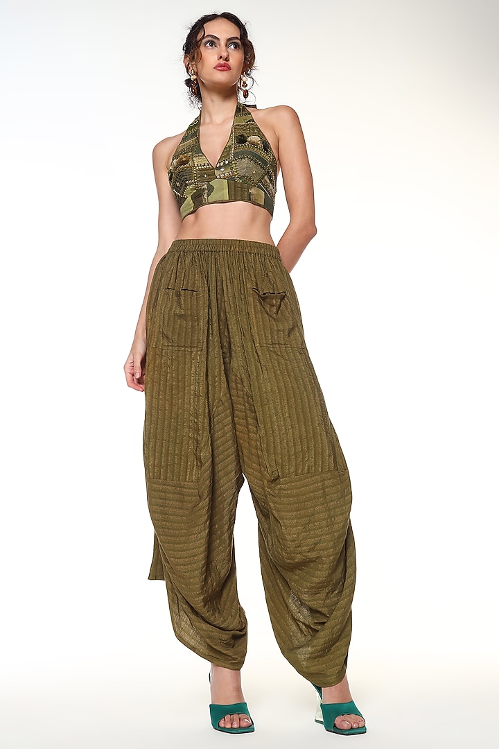 Olive Green Jute Linen Calypsp Pants by Capisvirleo at Pernia's Pop Up Shop